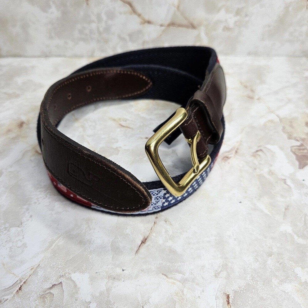 Vineyard Vines by Shep & Ian American Flag Patriotic Belt Brass Buckle Mens 32